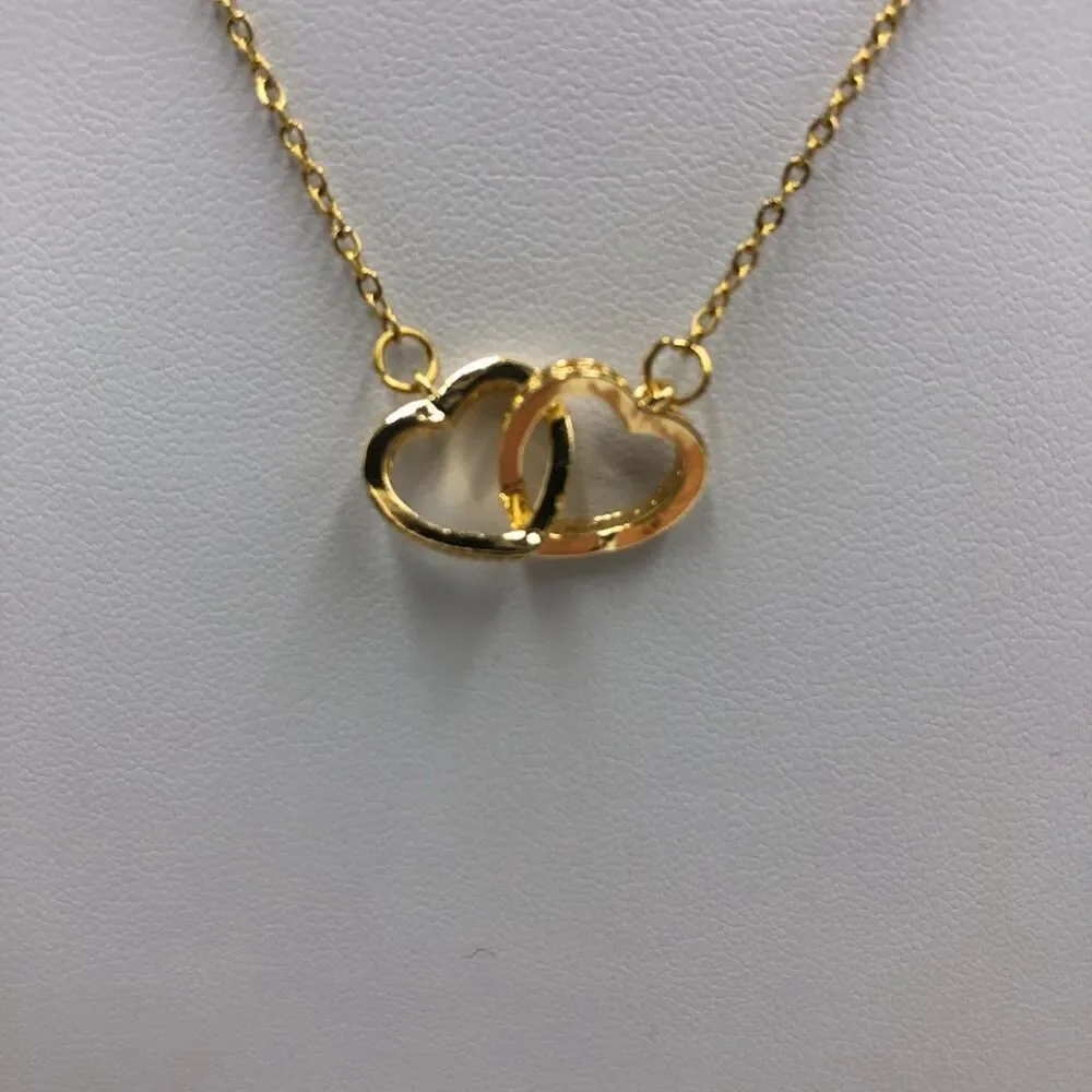 18K Gold Plated Women's Cubic Zirconia Dual Interlocking Heart Necklace Love